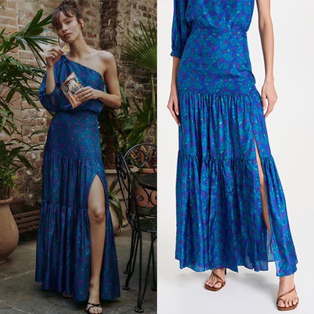 NEW Veronica Beard Serence Tiered Floral Print Front Slit Blue Maxi Skirt